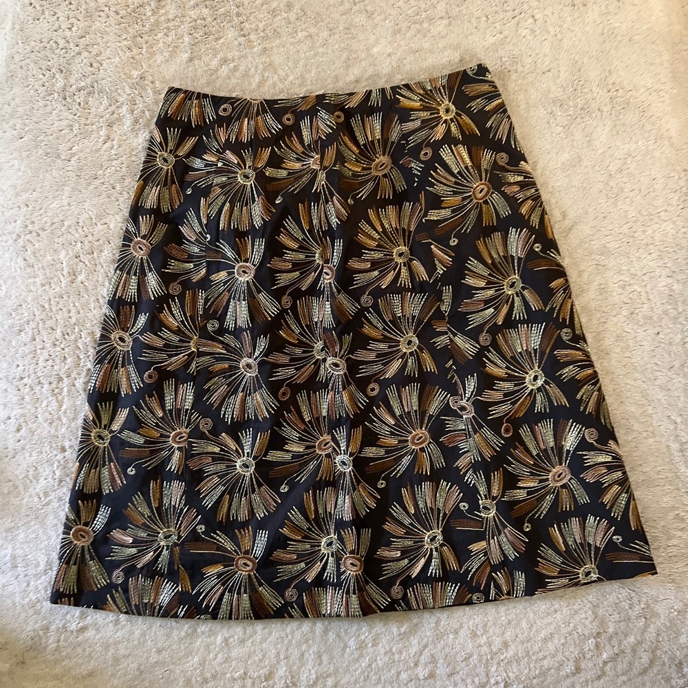 Talbots Women's Black Gold Embroidered 100% Cotton A-Line Knee Length Skirt Sz 8